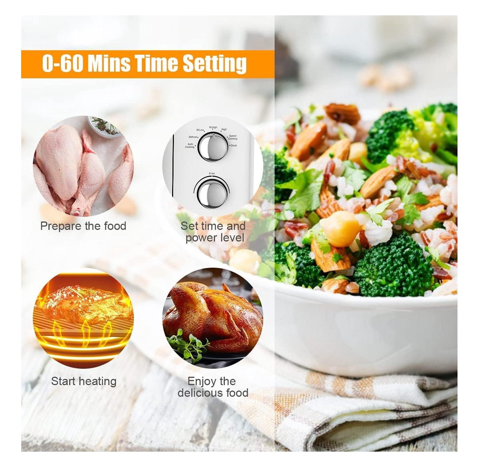 0.9 Cu.Ft Microwave Oven, 900W Countertop Microwave, 5 Power Levels, Defrost, Auto Cook, LED Display, Stainless Steel Interior, Child Lock, ETL Certified