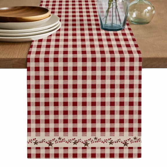 Country Star Plaid Table Runner, Retro Red American Farm Barn Berry Washable Cotton Linen Table Runners 120 Inches Long, Dresser Scarf Runner for Dining/Living Room/Kitchen/Square Tables 13''x120''
