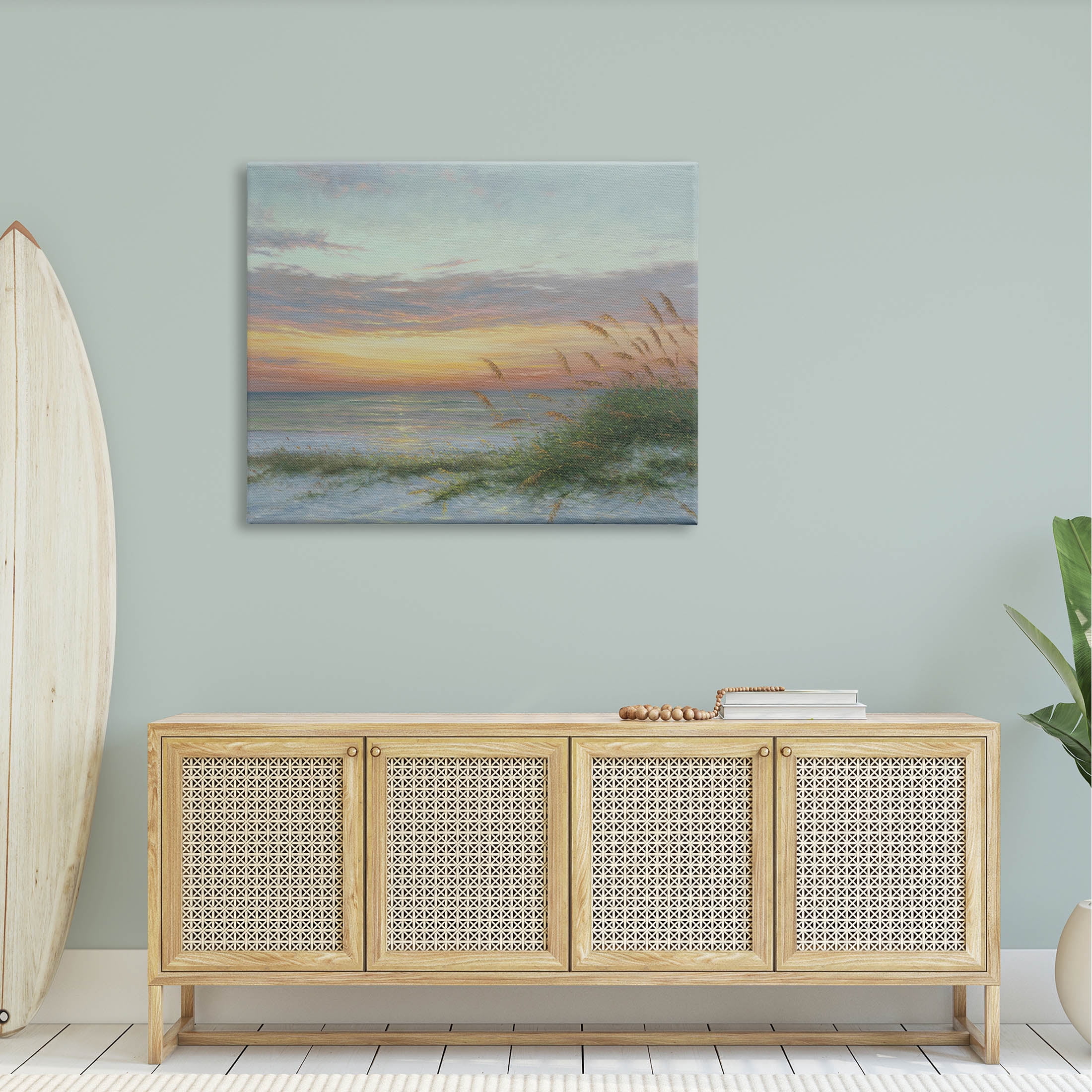 Coastal Beach Summer Sunset Landscape Painting Gallery Wrapped Canvas Print Wall Art