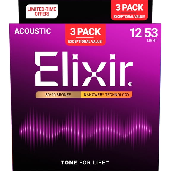 Elixir Acoustic 80/20 Bronze Guitar Strings w/NANOWEB® Technology - Light 12-53 - (3 Pack 11052)