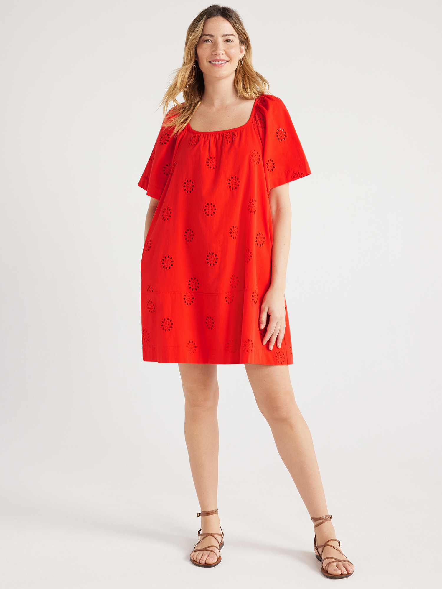 Free Assembly Women's Square Neck Eyelet Mini Dress with Short Sleeves, Sizes XS-XXL