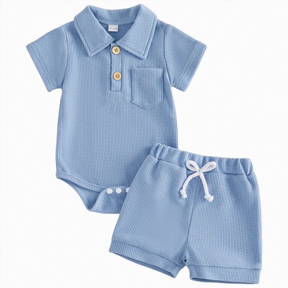 CAICJ98 Baby Boy Summer Outfits Button Short Sleeve Polo Shirts Romper Casual Shorts Set Infant Newborn Clothes (Blue,6-12 Months)