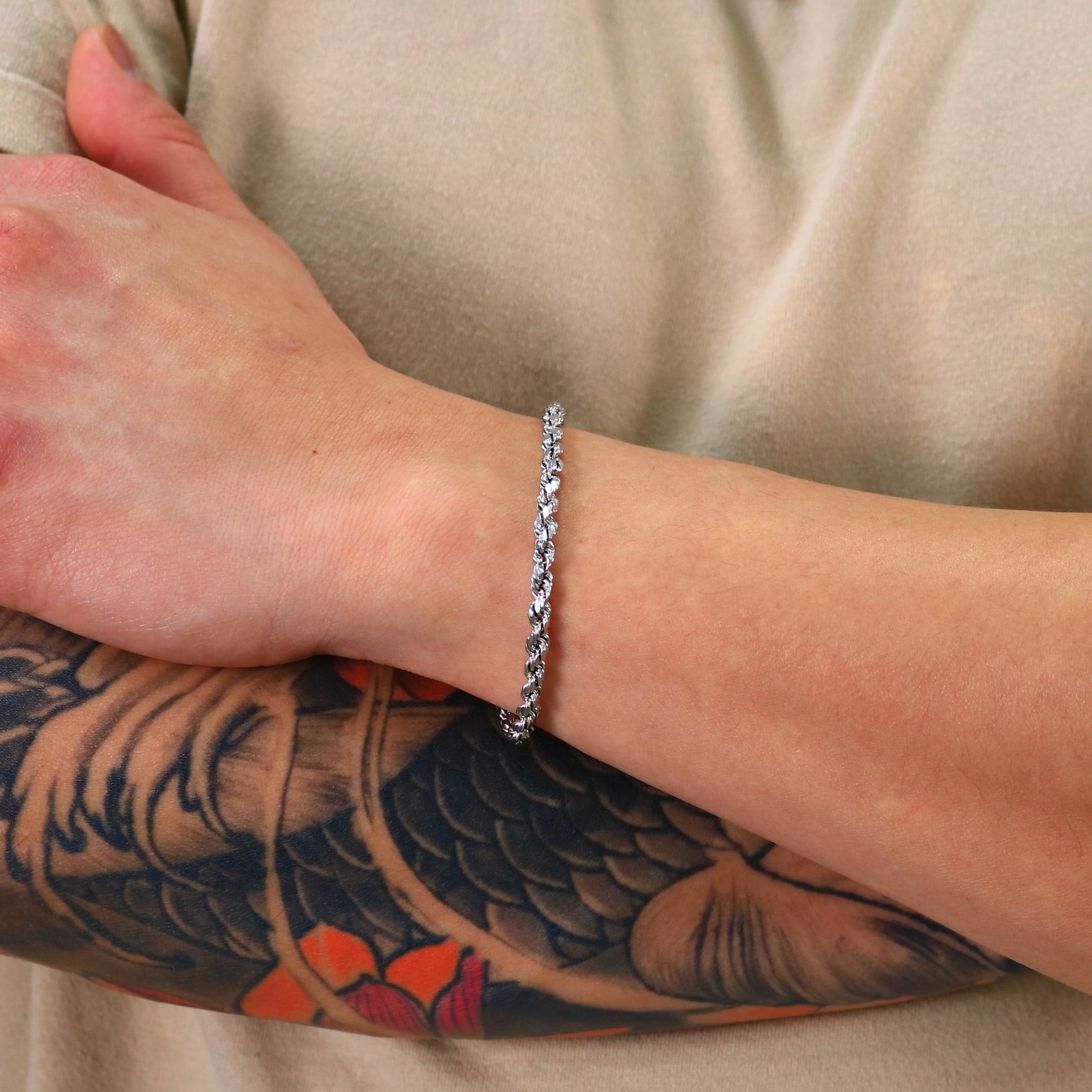 Nuragold 10k White Gold 4mm Rope Chain Diamond Cut Bracelet (7"-9") Italian Jewelry for Men & Women