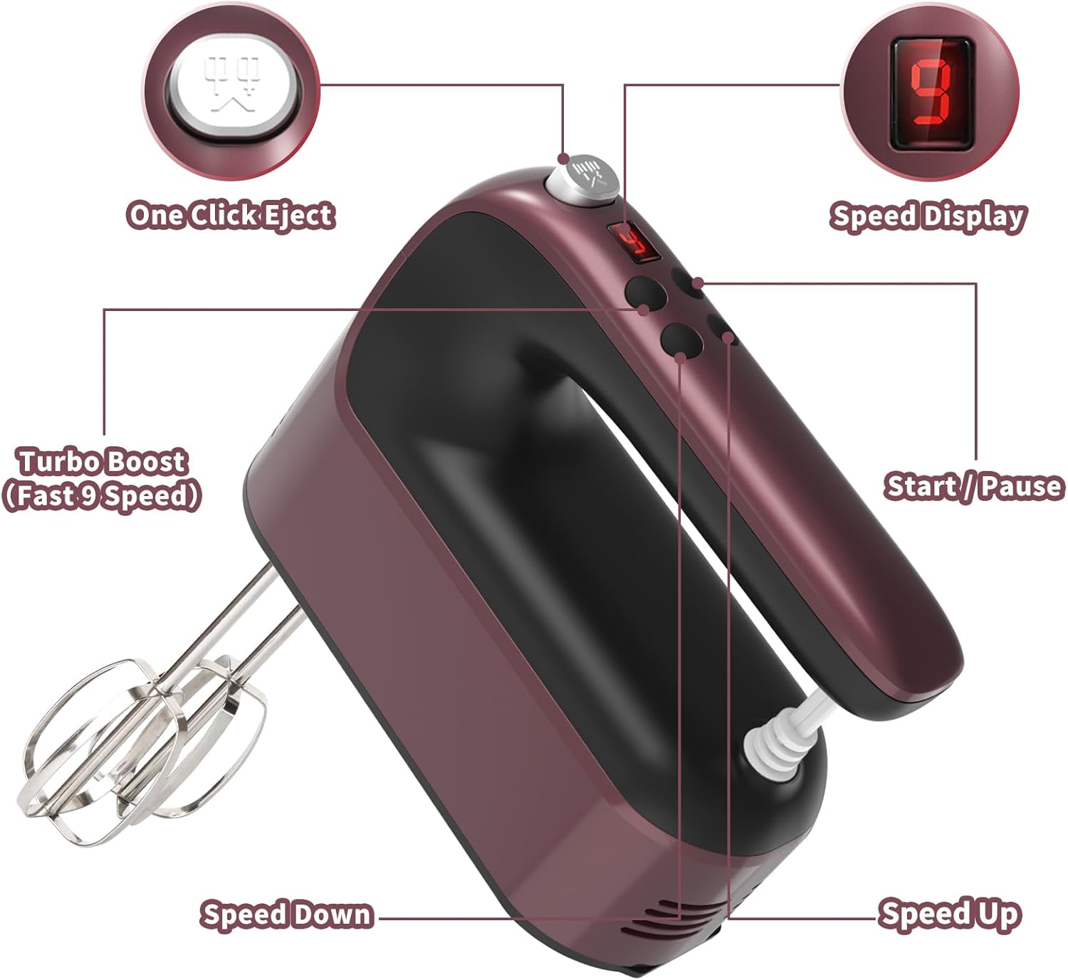 400W DC Motor Digital Hand Mixer with Storage Case, 5 Stainless Steel Accessories including Beaters, Dough Hooks and Whisk