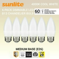 Sunlite LED B13 Decorative Chandelier Light Bulb, 7 Watts (60W=), 500 Lumens, 120 Volts, Dimmable, E26 Base,  90 CRI, ETL Listed, Torpedo Frosted, Title-20, 4000K Cool White, 6 Pack