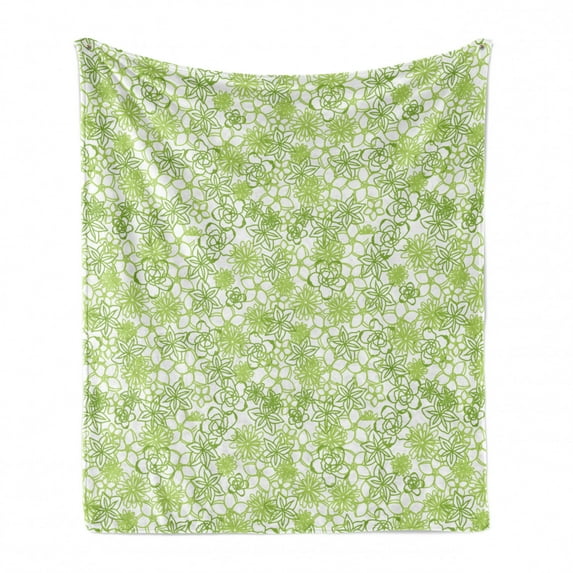 Floral Soft Flannel Fleece Throw Blanket, Pastel Flower Motifs with Leaves and Branches Aster Calendula Blooms Growth, Cozy Plush for Indoor and Outdoor Use, 60" x 80", Lime Green White, by Ambesonne
