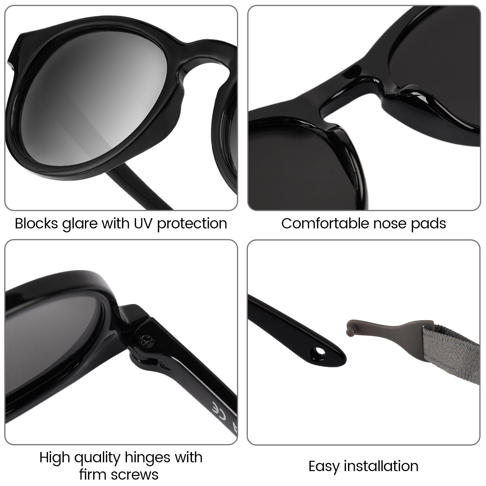 HECCEI Pebblie Baby Sunglasses with Strap - UV 400 Polarized Sunglasses, Ages 0-2 Black