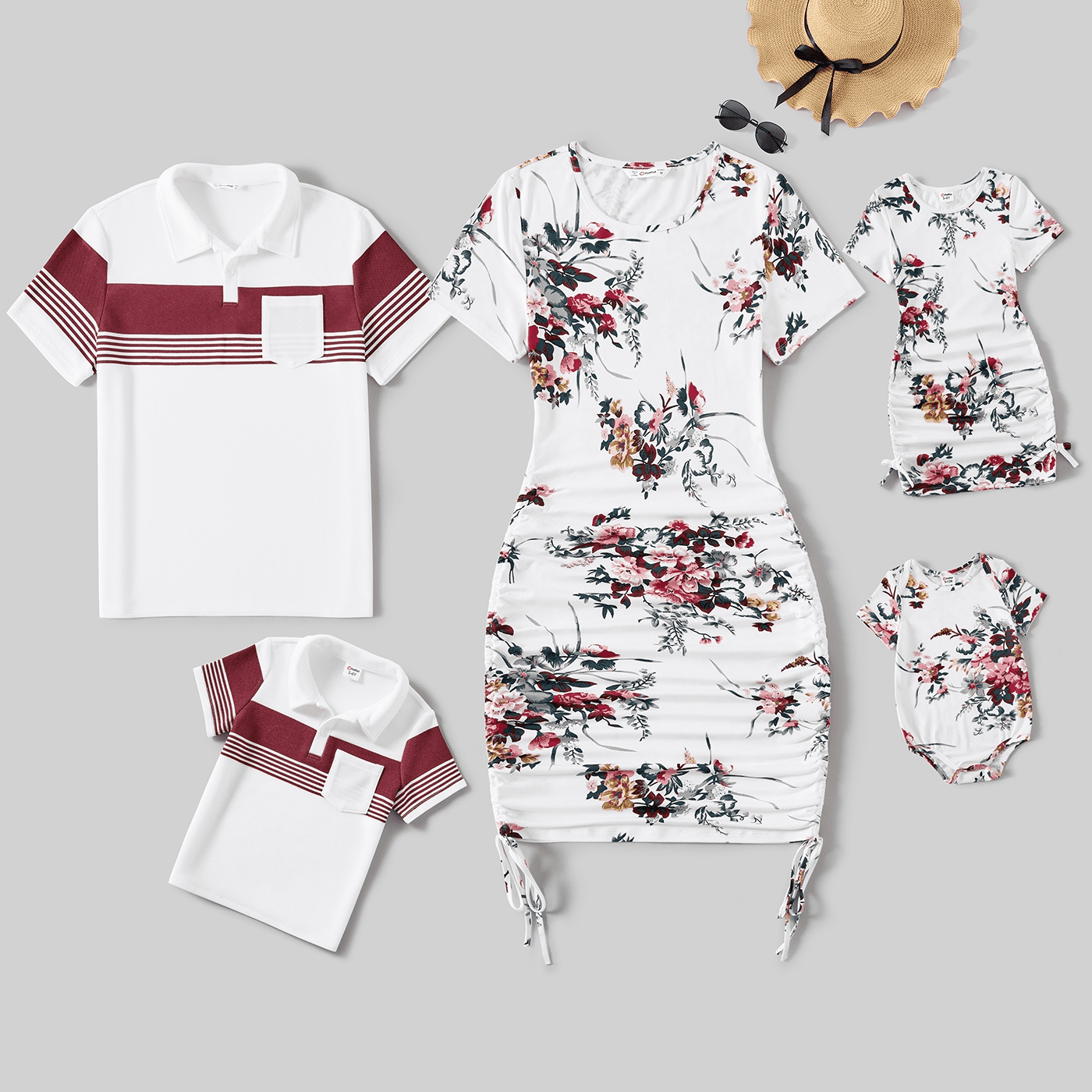 PatPat Family Matching All Over Floral Print Short-sleeve Drawstring Ruched Bodycon Dresses and Colorblock Short-sleeve T-shirts Sets
