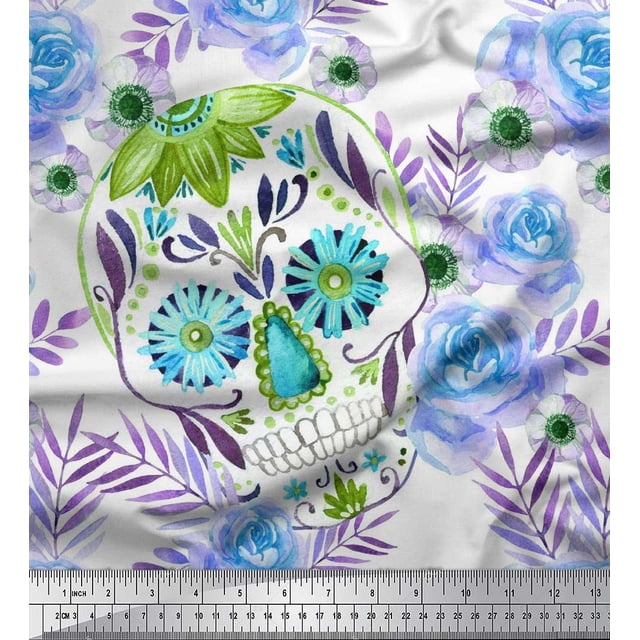 Soimoi Polyester Crepe Fabric Skull,Rose & Anemone Flower Print Fabric by Yard 42 Inch Wide