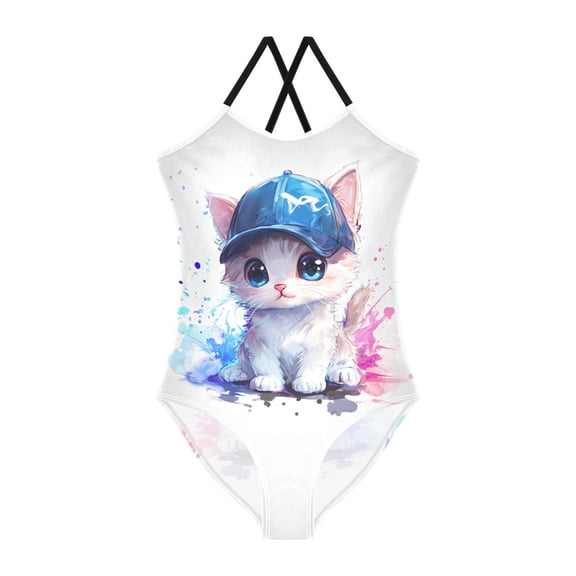 Girls' One-piece Swimsuit Cross Back Bathing Suit Beach Surfing Sizes 3T-10T a Chibi Cat