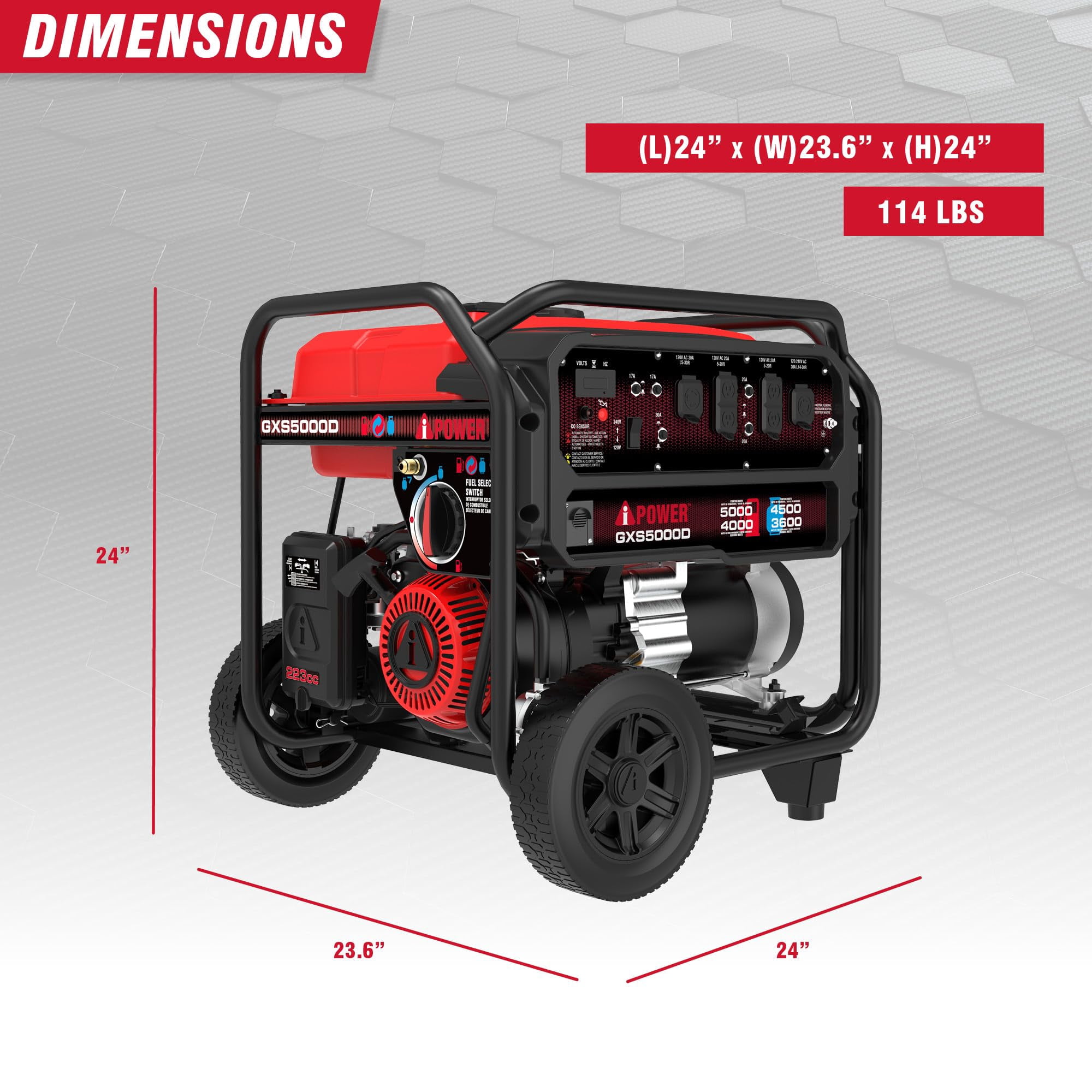 A-iPower 5000 Watts Recoil Start Dual Fuel Portable Generator with CO Sensor, 120/240V, Wheel & Handle kits