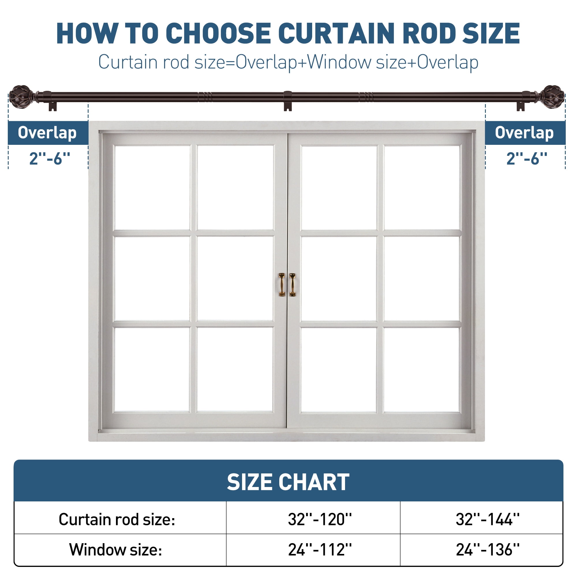 Bronze Curtain Rods for Windows 48 to 120 inches, Adjustable Length Curtain Rod with Metal Finials, 1 inch Diameter Heavy Duty Drapery Rod for Modern Decor Bedroom Kitchen Living Room