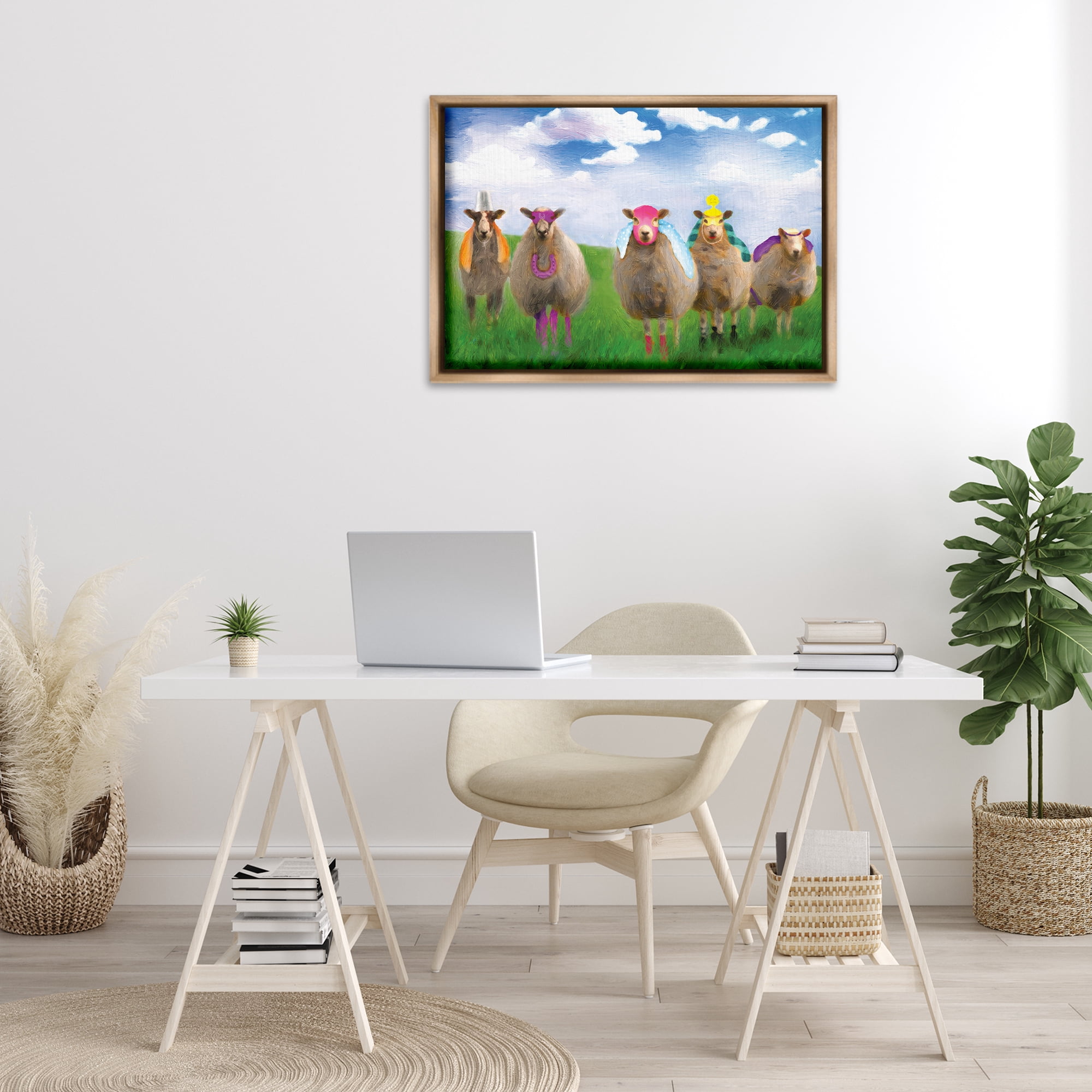 Stupell Industries Superhero Sheep in Field Animals & Insects Painting Brown Floater Framed Canvas Art Print Wall Art, 31 x 21