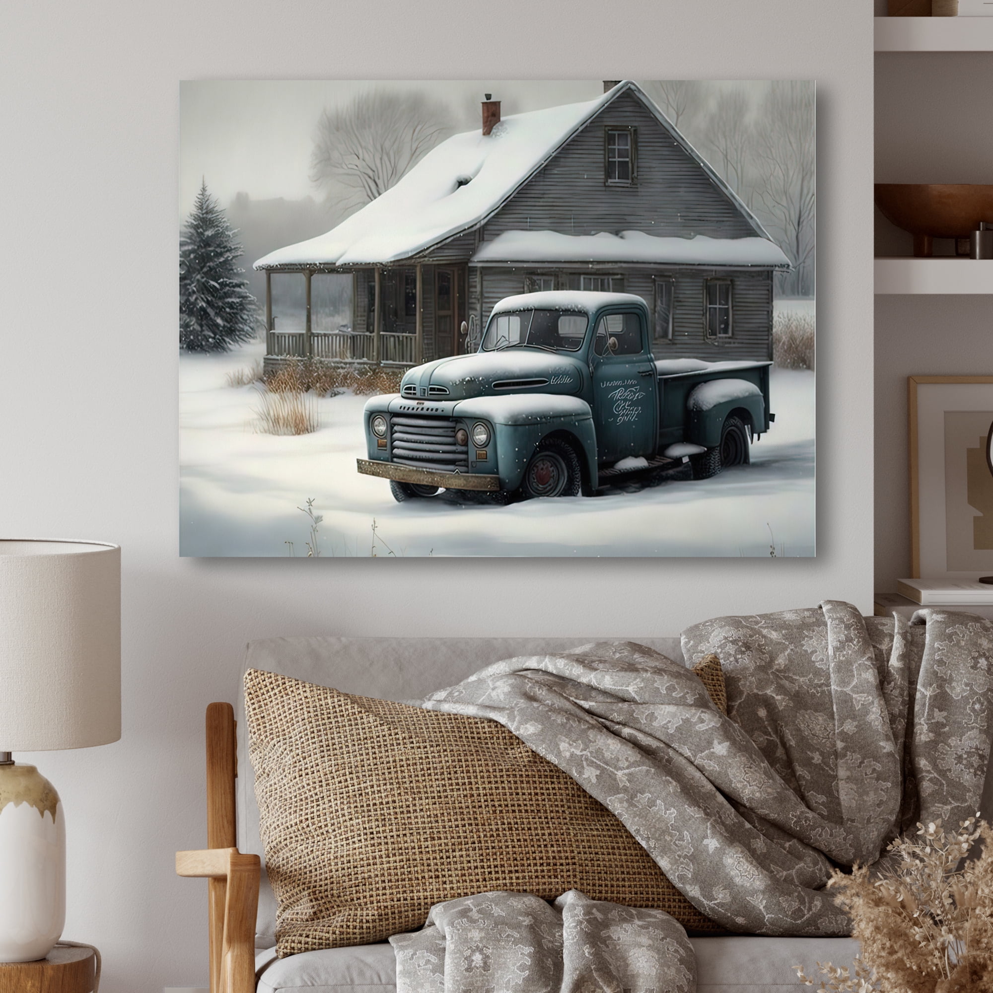 Designart Old Truck At The Barn In Winter IV Canvas Wall Art