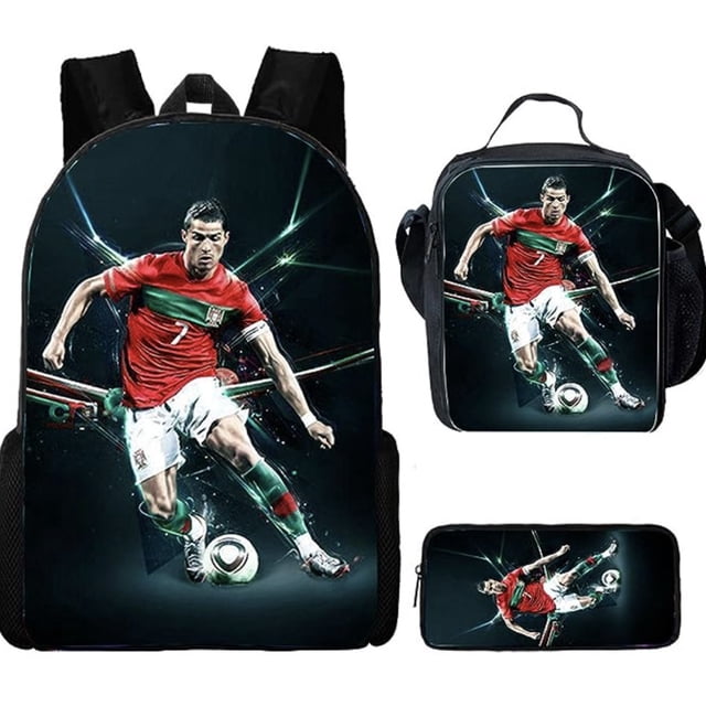 Conjunto de mochila infantil de 3 piezas con diseños de jugadores de fútbol para el colegio.