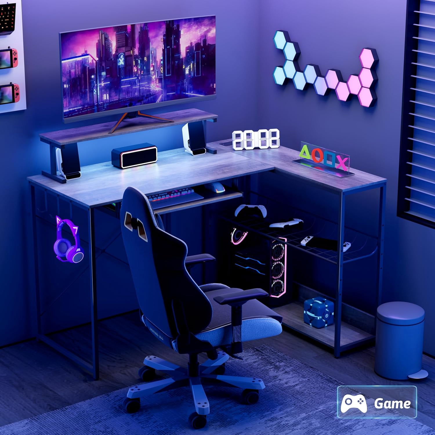 FANRAL L Shaped Computer Gaming Desk with Monitor Stand,LED Light & USB Power Outlet,Reversible Shelves Corner Desk with Keyboard Tray for Home Office Study,Gray Computer Desk