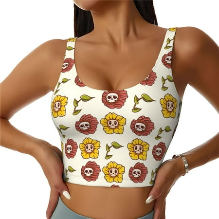 Jgfou Sunflowers And Skull Print Womens Sports Bra - Padded Workout Sports Bras Crop Tank Top