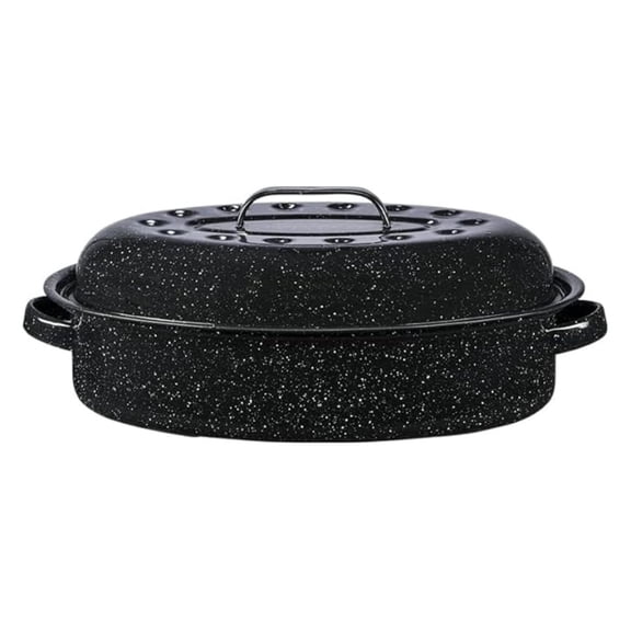 15-Inch Covered Oval Roaster - Enamel Steel Basic Cookware, Nonstick & Chemical-Free, Dishwasher Safe - 10 Lb Capacity, Large Roasting Pan for Meats, Poultry, Vegetables (Speckled Black)
