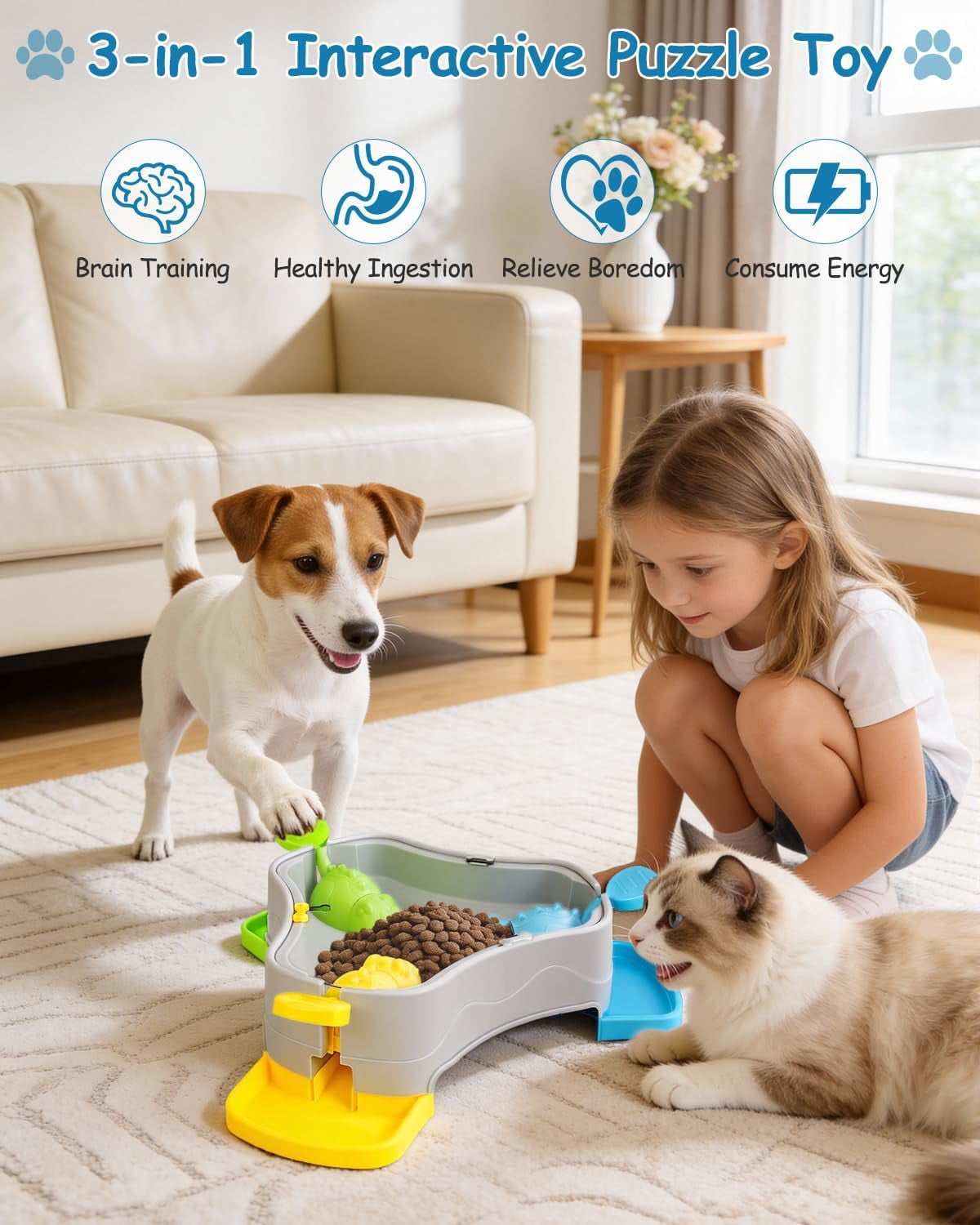 3-in-1 Press-Type Dog Treat Dispenser Puzzle Toy with No-Slip Slow Feeder for Interactive Brain Training and Enrichment for Smart Dogs and Cats, 3 Color Options