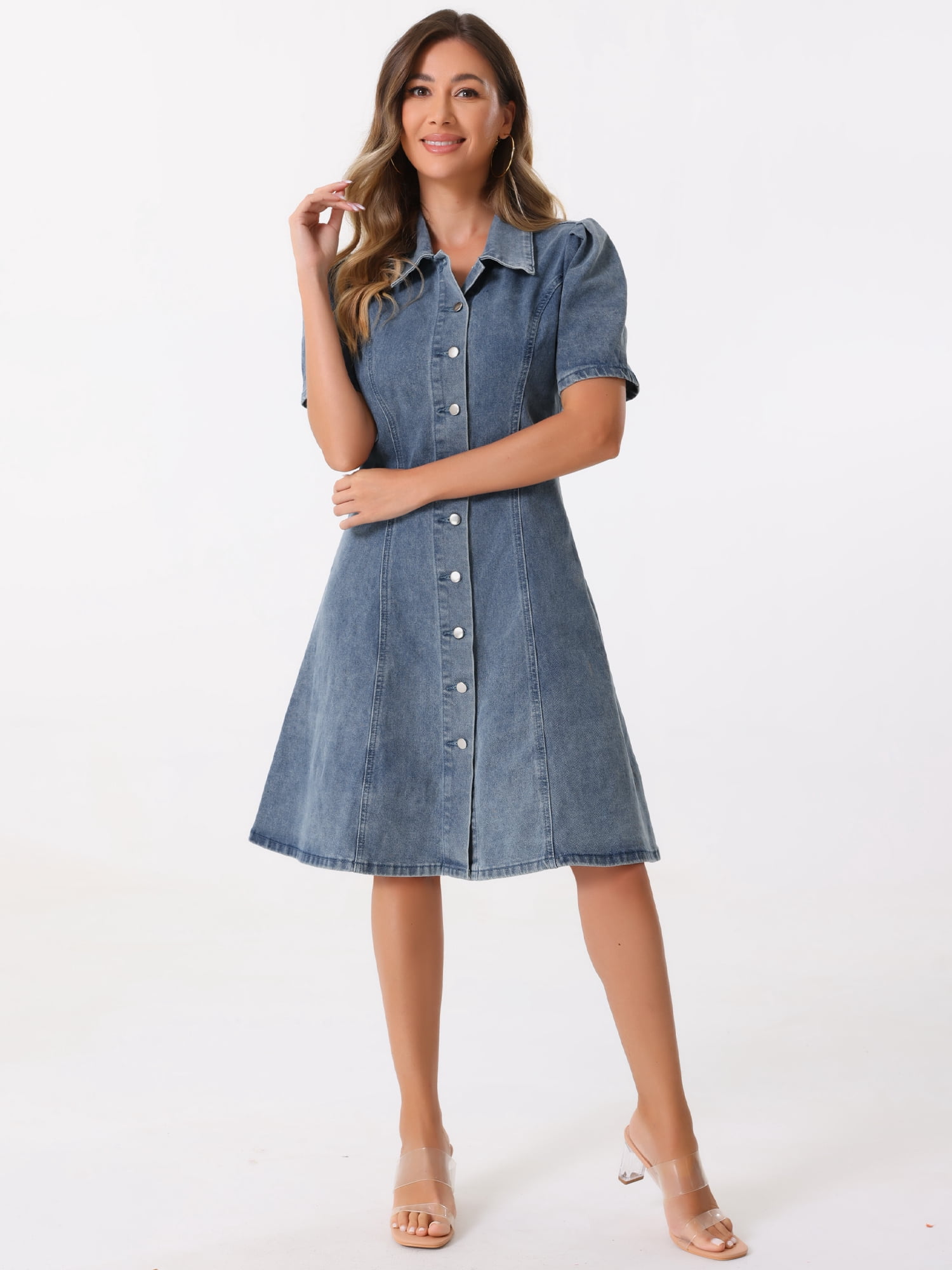 DARING DIVA Puff Sleeve Collared A-Line Dress S Grey Blue