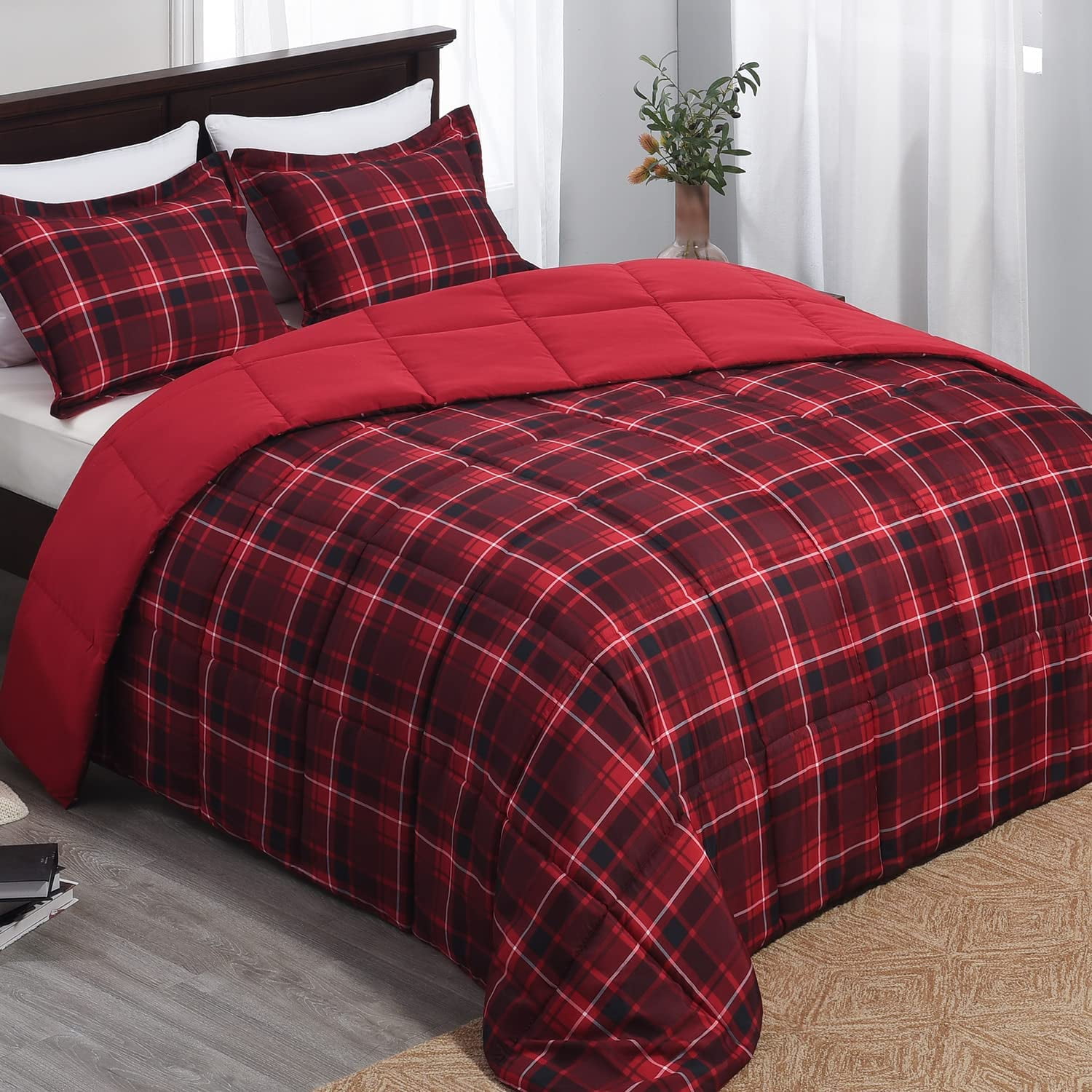 Queen Comforter Set - Red and Black 