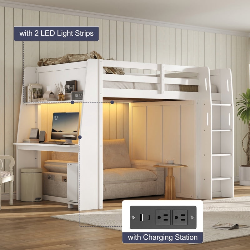 Full Size Wooden Loft Bed with Built-in Desk & Charging Station, Kids Storage Bed Frame with LED Light & Double Door Wardrobe
