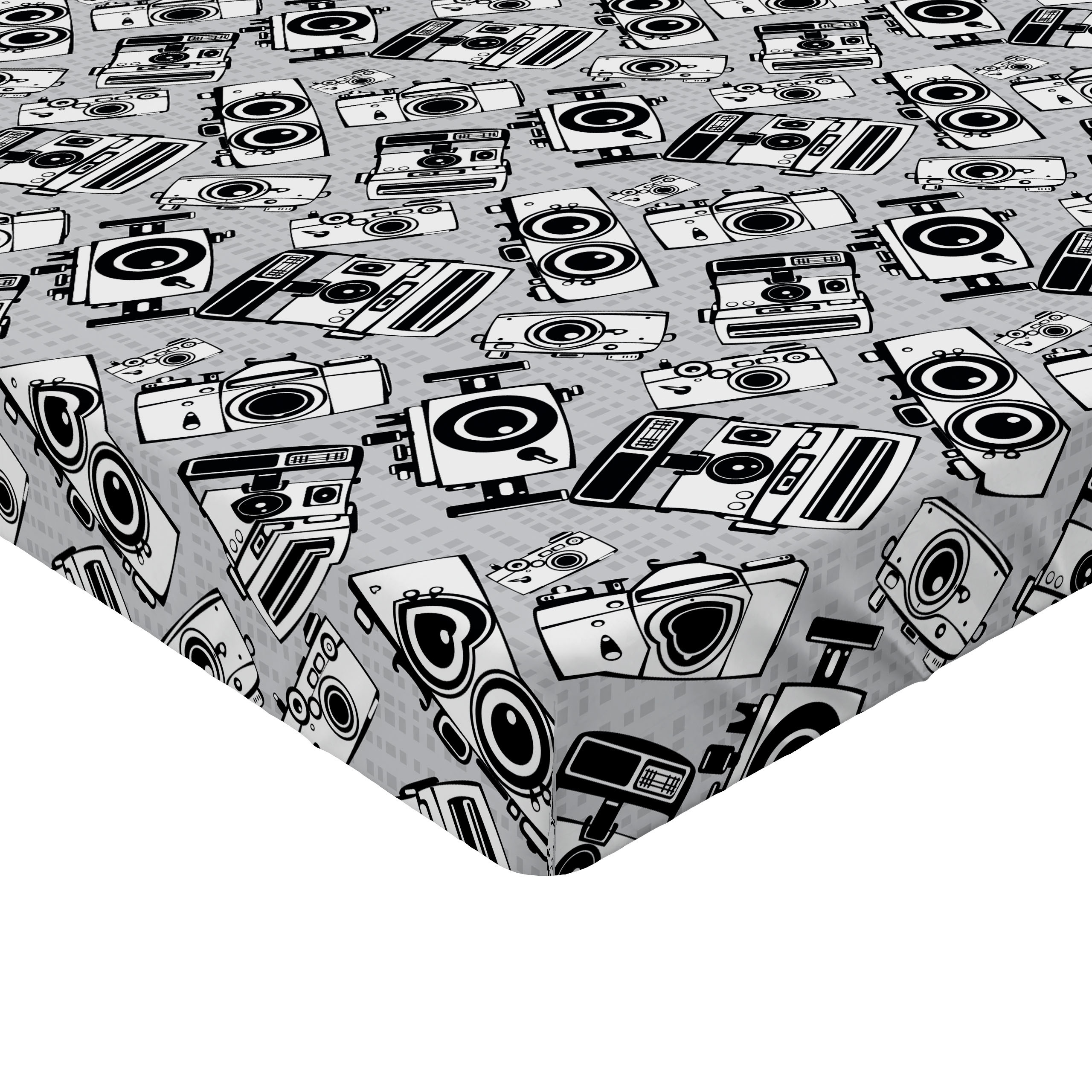 Ambesonne Hipster Fitted Sheet 2 Pcs Set, Vintage Photo Cameras, California King, Pale Grey White
