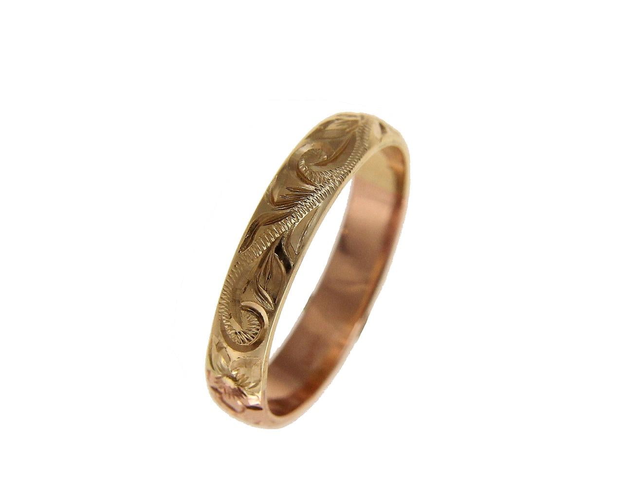 Solid 18K Women's Yellow Gold Ring Engraved Hawaiian Scroll Ring 4mm Size 1-12