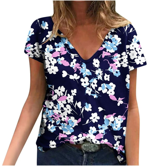 Hauts d'Été pour Femmes Manches Courtes Femmes Blouse d'Été Imprimée T-Shirts Décontractés Col en V Manches Courtes T-Shirts Hauts