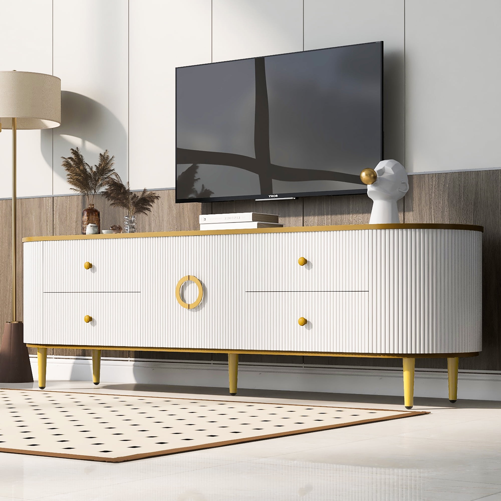 TV Stand for TVs up to 80 Inches, Entertainment Center with 4 Drawers and 1 Cabinet, Wood TV Console Table with Metal Legs and Handles for Living room