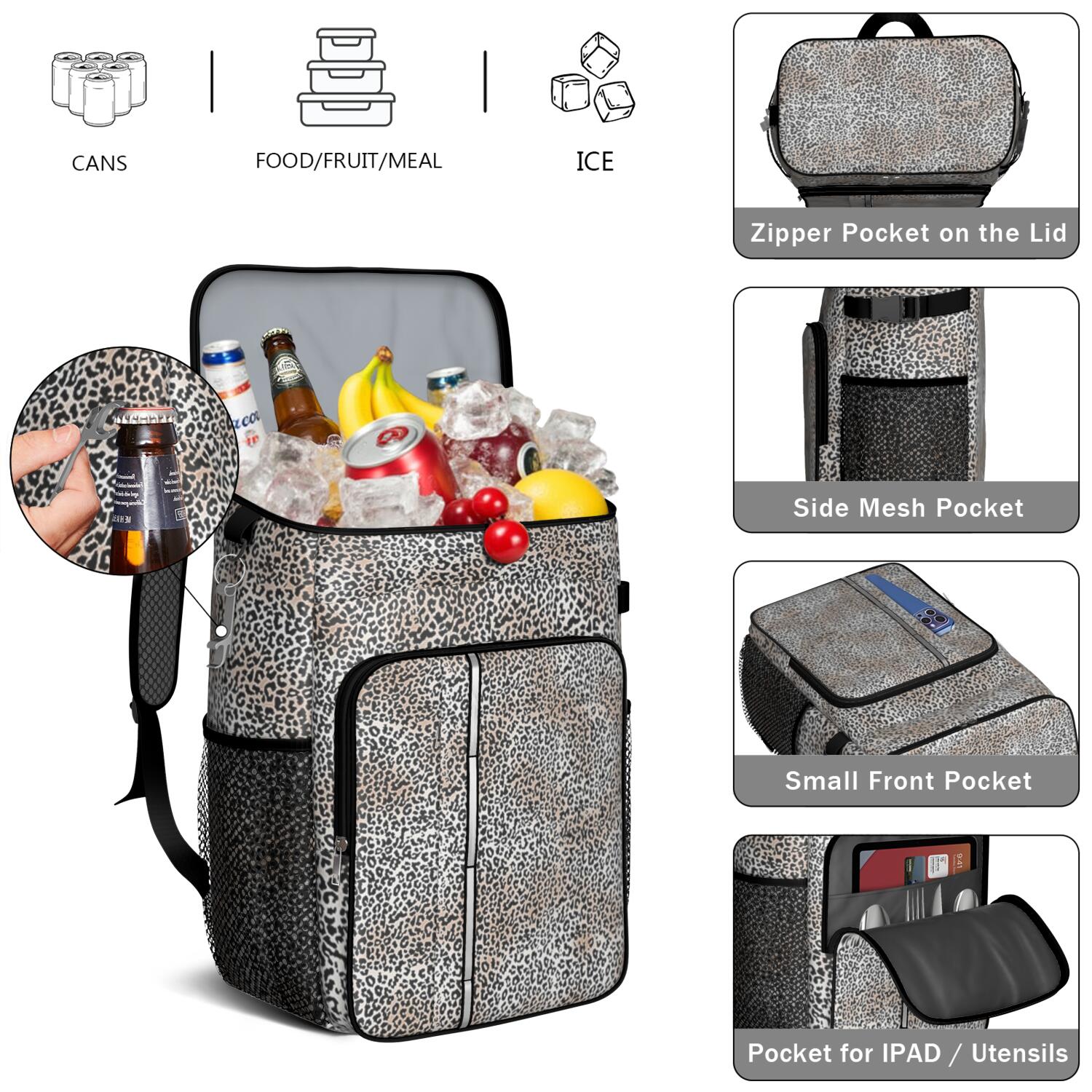 Travel Cooler Bag - Black and Tan Leopard Print Camping Beer Cooler Backpack with Bottle Opener- Waterproof Insulated Picnic Backpacks - Cooler Bag for Beach