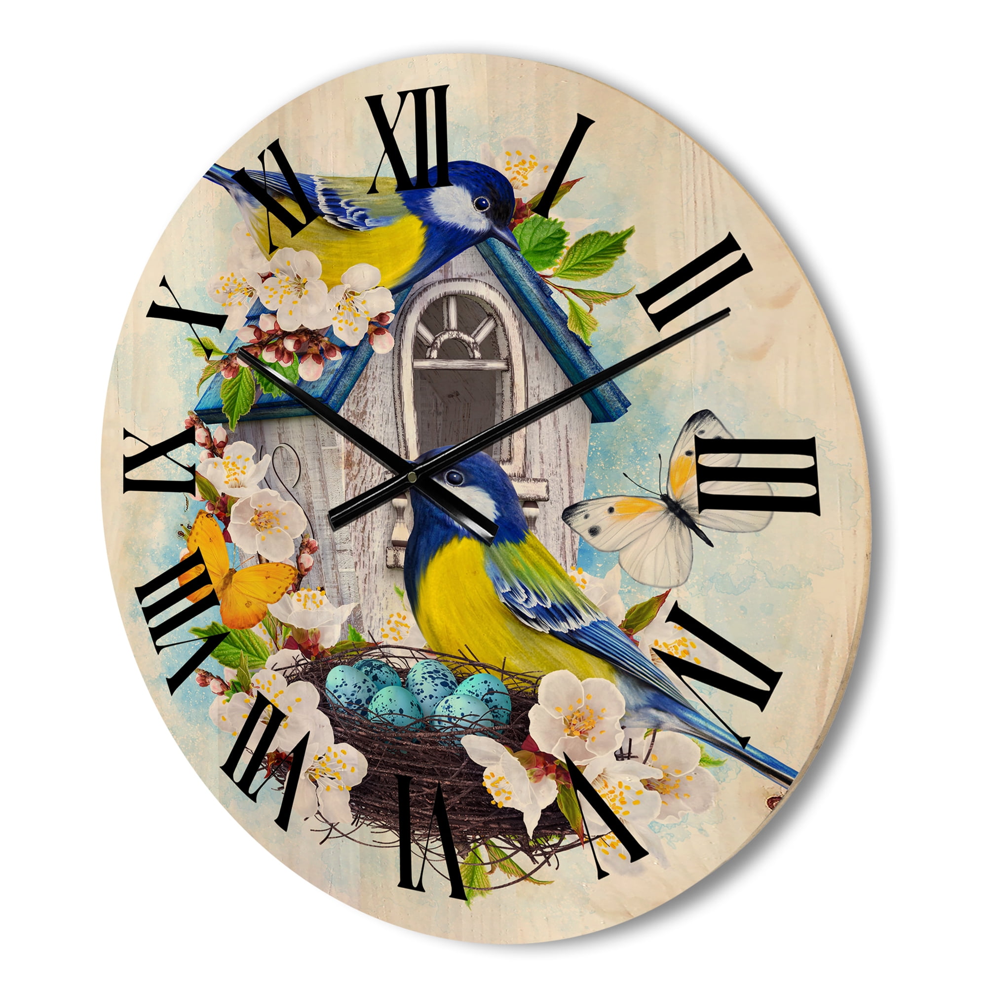 Designart 'Two Tit Birds Sitting Near The Nest With Eggs and White Flowers I' Traditional Wood Wall Clock