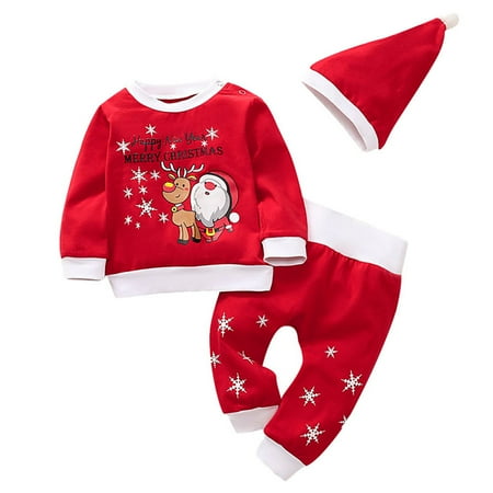 

YYDGH Reduced Christmas Outfit Newborn Girl Santa Reindeer Baby Ruffle Long Sleeve Romper Top+Pants+Hat Red Xmas Clothes 3Pcs(Red 6-12 Months)
