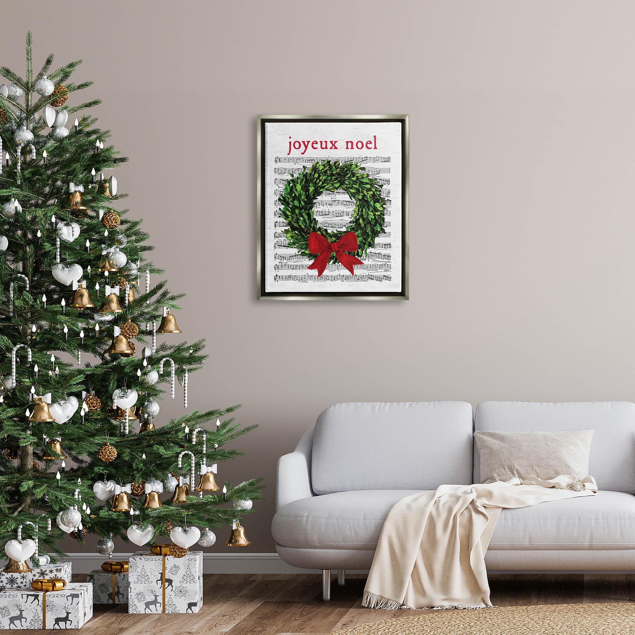 Stupell Industries Joyeux Noel Vintage Song Graphic Art Luster Gray Floating Framed Canvas Print Wall Art, Design by Lettered and Lined