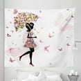 thumbnail image 1 of Feminine Tapestry, Girl with Floral Umbrella and Dress Walking with Butterflies Inspirational Art, Fabric Wall Hanging Decor for Bedroom Living Room Dorm, 5 Sizes, Black and Pink, by Ambesonne, 1 of 1