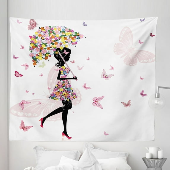 Feminine Tapestry, Girl with Floral Umbrella and Dress Walking with Butterflies Inspirational Art, Fabric Wall Hanging Decor for Bedroom Living Room Dorm, 5 Sizes, Black and Pink, by Ambesonne