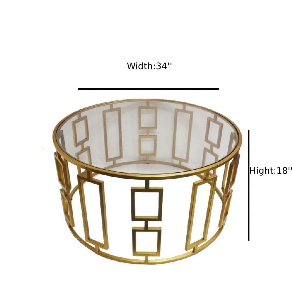 Kuri, Metal Gold Frame with Tempered Glass Top.<br>Dimensions<br>H18.5"x W36"x D36"