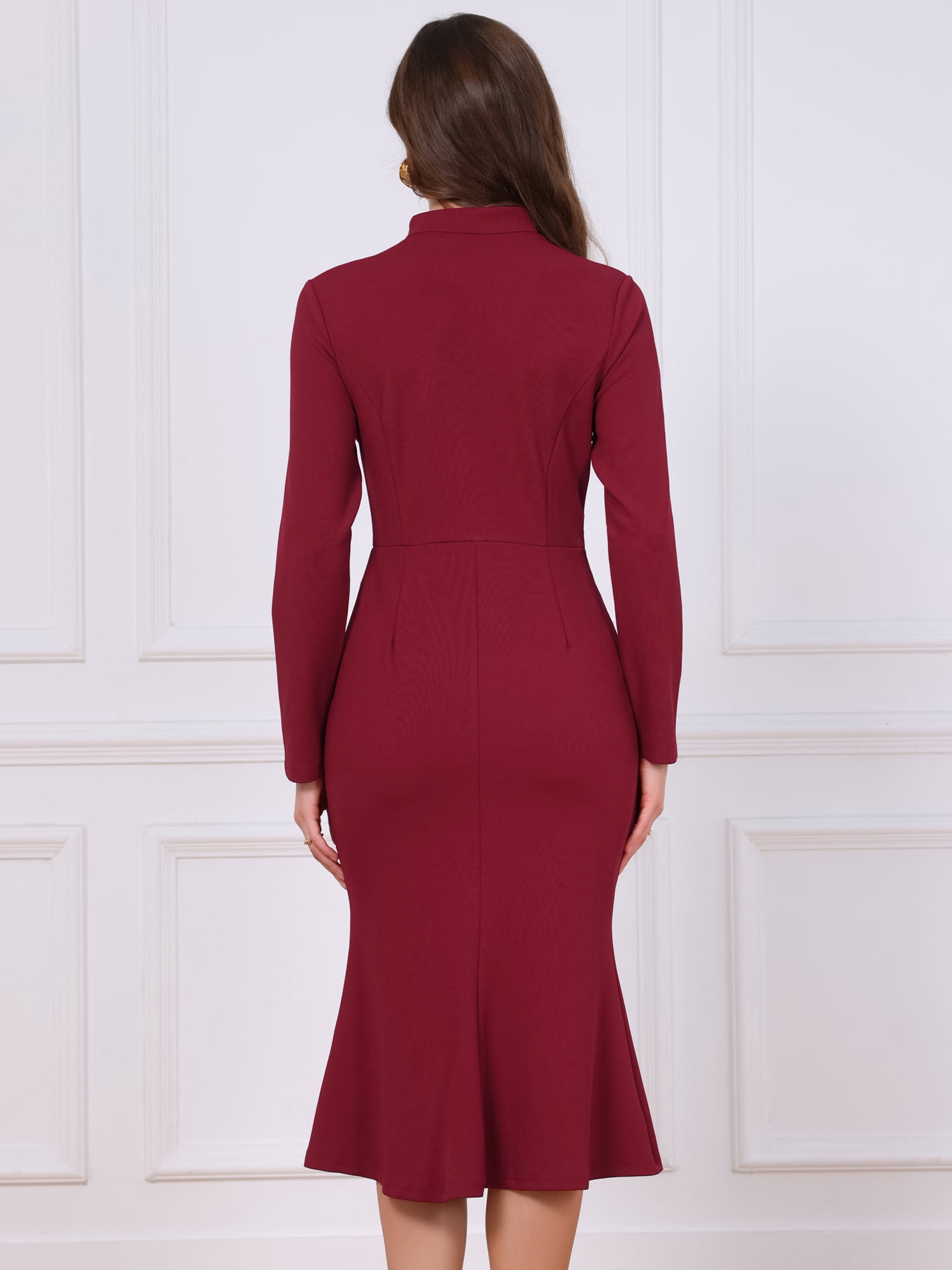 DARING DIVA Women's Midi Fishtail Dress Long Sleeve Stand Neck Work Dress M Wine Red