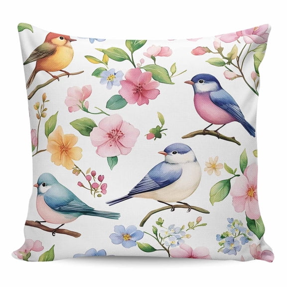 Throw Pillow Covers 16x16 Inch, Spring Floral Birds Decorative Pillow Cases for Couch Sofa Bed, Watercolor Birds Chic Flowers Cotton Linen Square Home Decor Pillowcases with Hidden Zipper