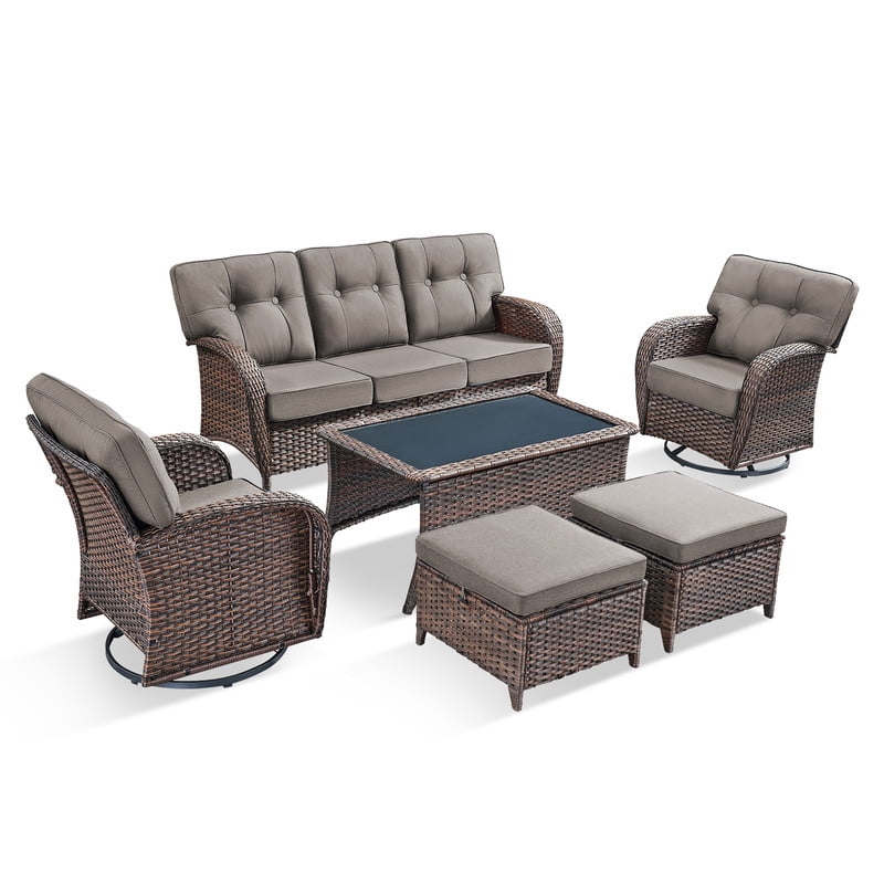 PARKWELL 6 Pieces Patio Furniture Set with Swivel Chairs, Outdoor All-Weather Wicker Conversation Sofa Set with Coffee Table,Ottoman and 5" Thick Cushion for Porch Deck, Brown/Gray