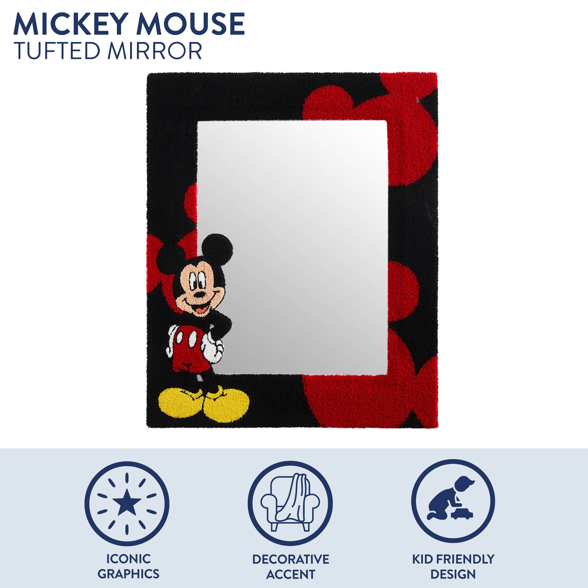 Disney Wall Mirror, Mickey Mouse Tufted Design, 18" x 22", for Kids and Teens