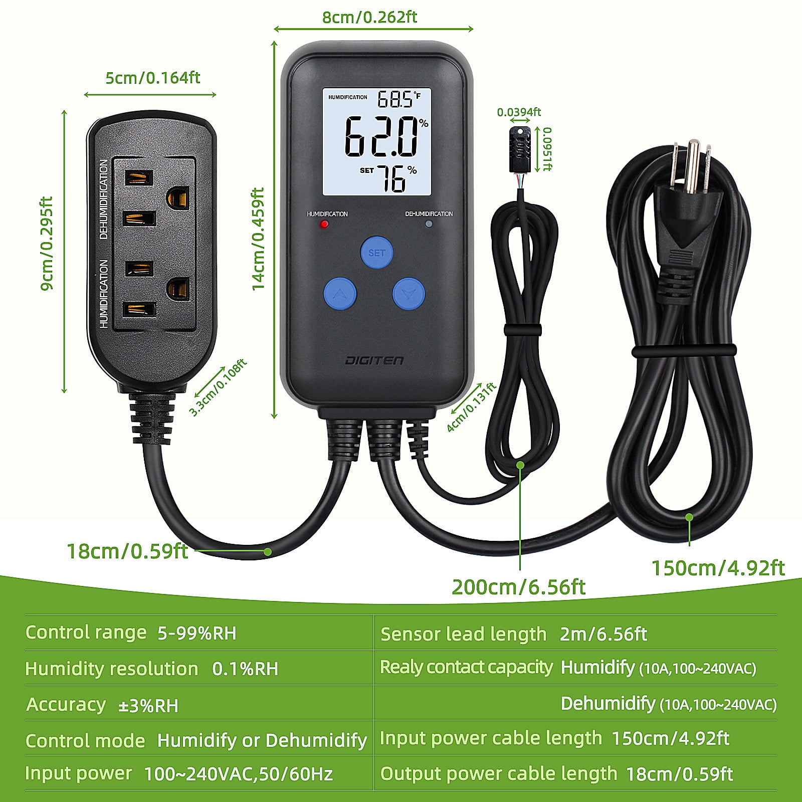 DIGITEN Humidity Controller Pre-Wired Digital Humidistat with Temperature Display, Dual-Stage Outlet Humidifier /Dehumidifier for Mushroom,Reptile, Greenhouse, Fan, Grow Tent