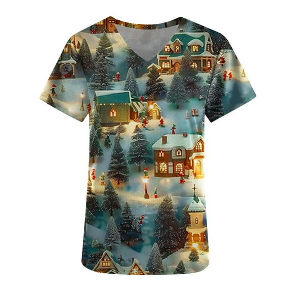 QATAINLAV Christmas Scrub Tops for Women Novelty 3D Print V Neck Short Sleeve Tees Stretchy Nursing Working Uniform Blouse Novelty Holiday Workwear with Pockets Deals of the Day Multicolor#1 S