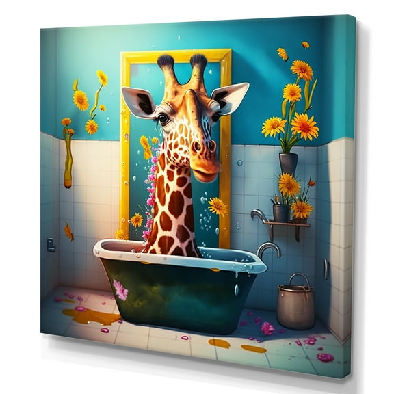 Designart Giraffe Caricature Splashing Around In A Flower Bath I Canvas Wall Art
