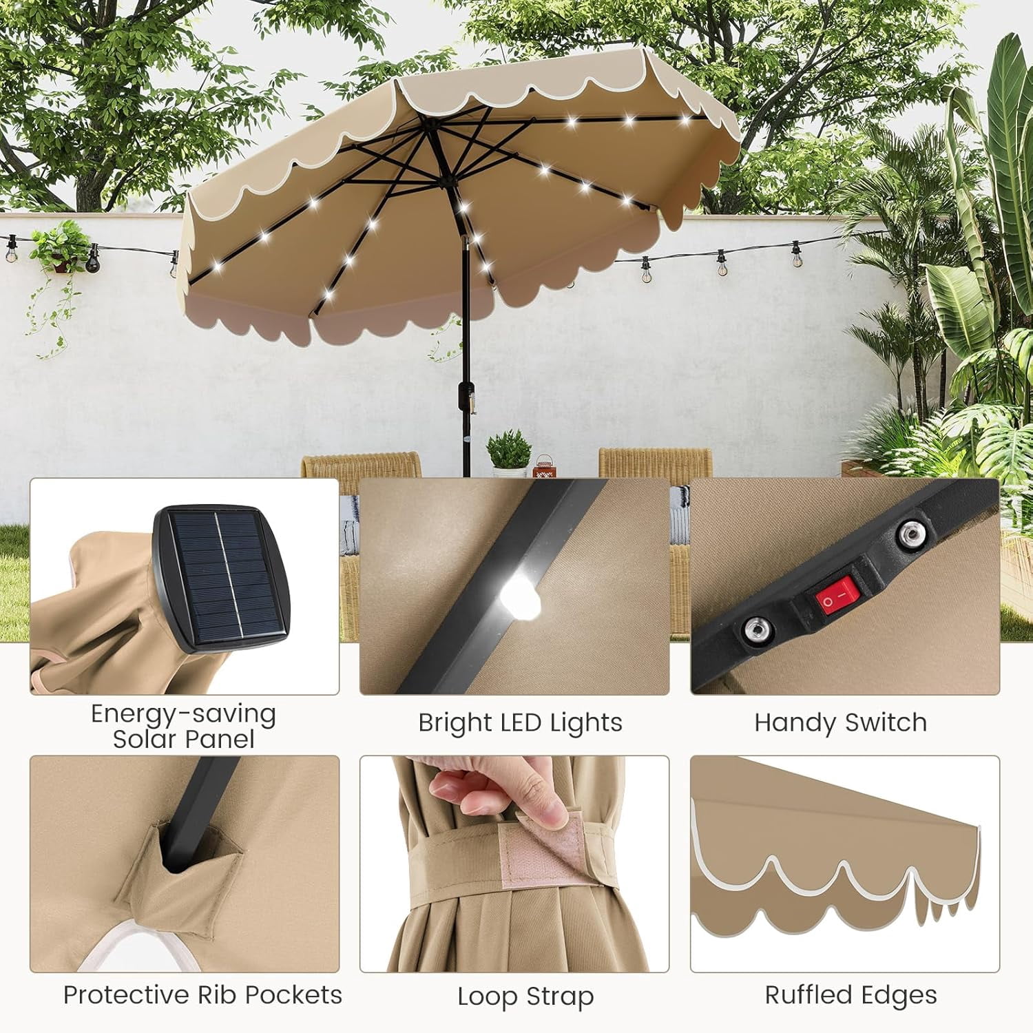 ZYPPP  9 FT Solar Patio Umbrella, 2-Tiers Scalloped Outdoor Table Market Umbrella with 32 LED Lights, Vented Top, Tilt Adjustment, Crank, 8 Ribs for Backyard Poolside Deck Beach Lawn (Coffee)