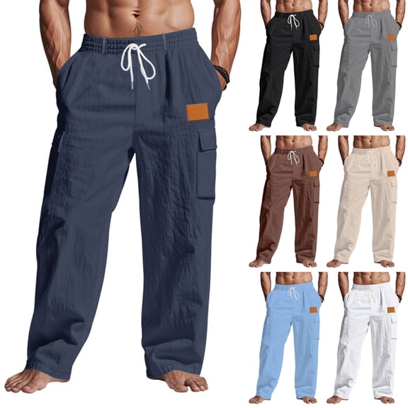 Betivan Men's Linen Cargo Pants Solid Color Drawstring Elastic Waist Breathable Regular Fit Casual Work Outdoor Long Trousers