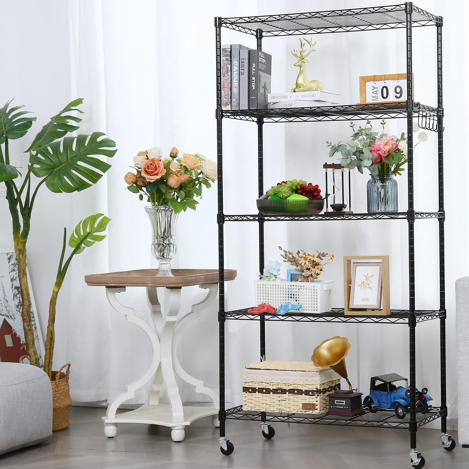 Sailvan 5-Tier Heavy Duty Metal Shelving Unit with Wheels, 900LBS Adjustable Wire Storage Rack for Garage, Pantry & Kitchen,Black