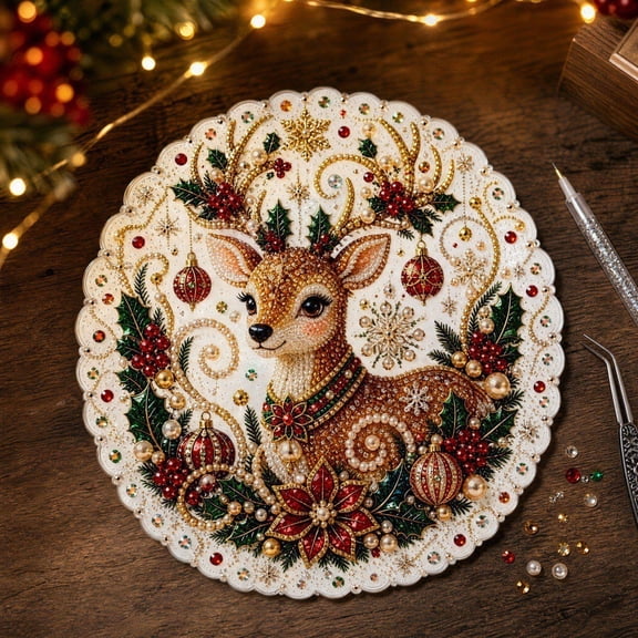 romoty 3D Pearl Art Suncatcher Kit Christmas Reindeer Diamond Painting Lace Edge Acrylic Board Hanging Ornament for Living Room Window and Wall Decor