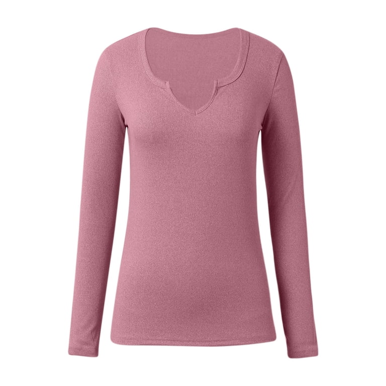 HXWCHs Deep U Neck Long Sleeve Solid Color Casual Fashion T-Shirt