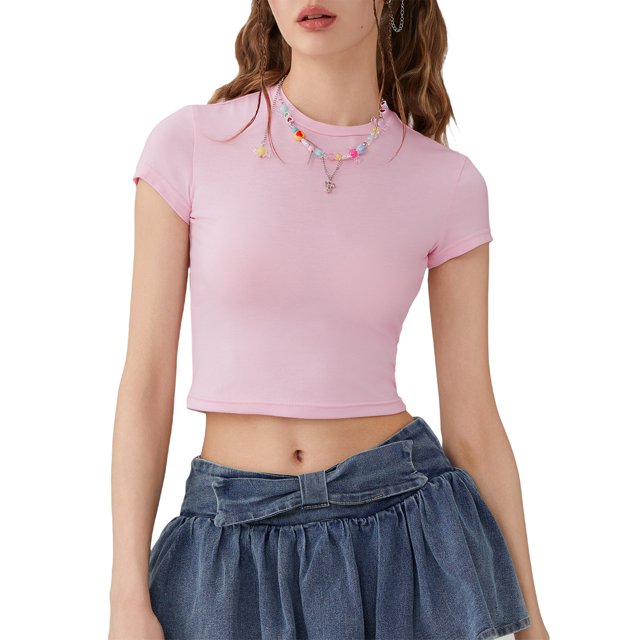 Gupgi T-Shirts de Base à Manches Courtes pour Bébé pour Femmes, Col Ras du Cou, Coupe Ajustée, Crop Top, Couleur Unie, T-Shirts Moulants